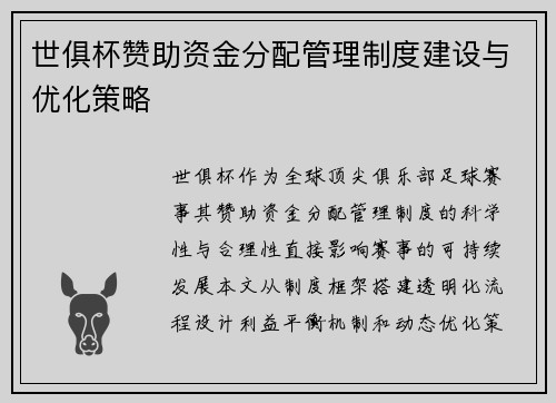 世俱杯赞助资金分配管理制度建设与优化策略