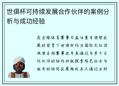 世俱杯可持续发展合作伙伴的案例分析与成功经验