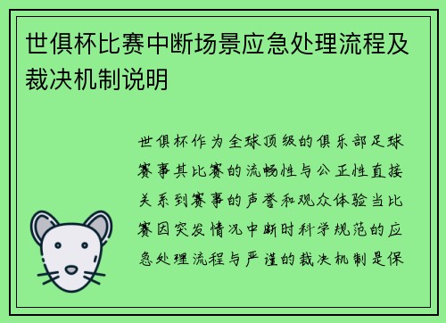 世俱杯比赛中断场景应急处理流程及裁决机制说明